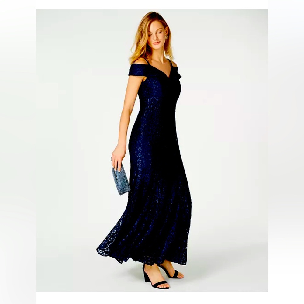 Navy shimmery lace off-the-shoulder formal gown by R&M Richards.